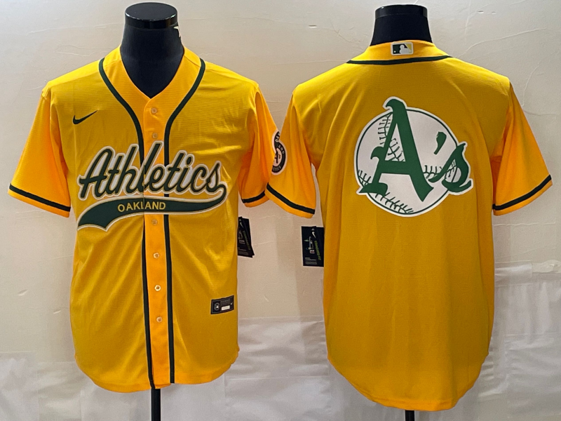Men's Oakland Athletics Yellow Team Big Logo Cool Base Stitched Baseball Jersey 001
